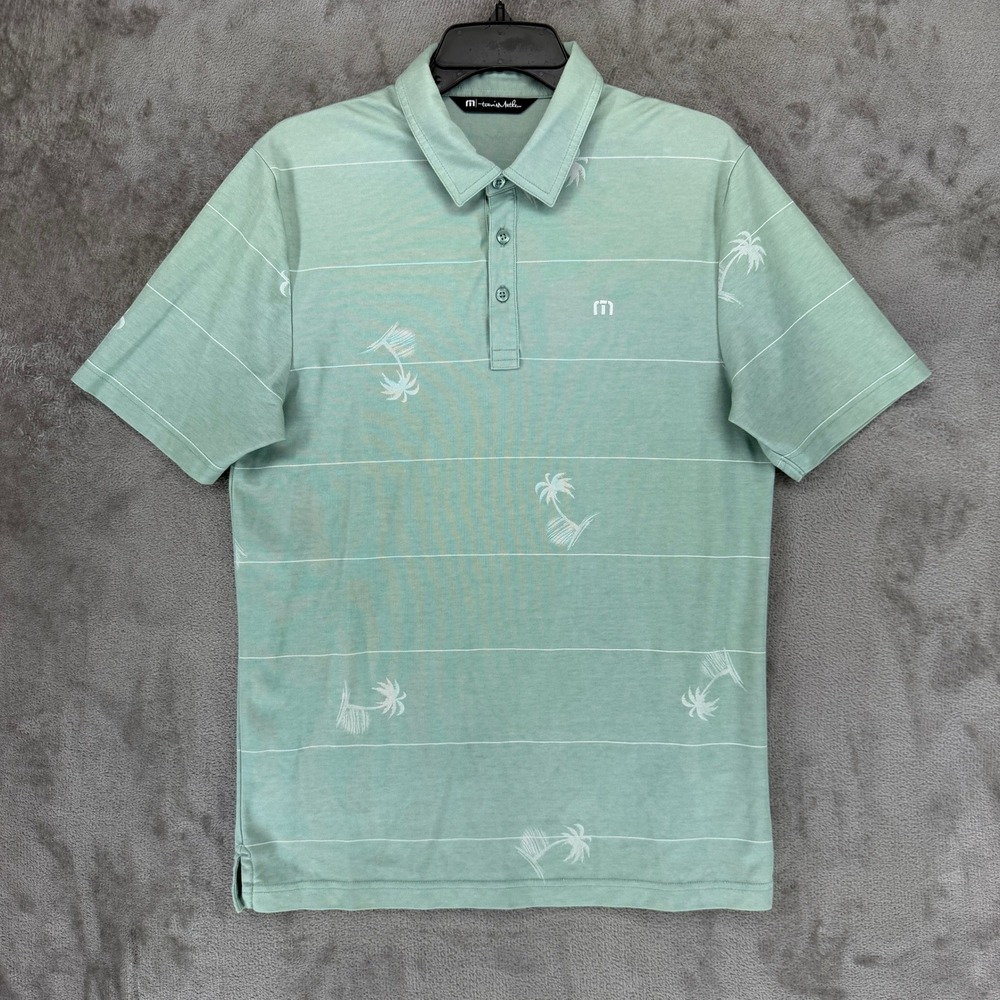 TravisMathew Polo Shirt Mens M Green Palm Tree Striped Short Sleeve EUC